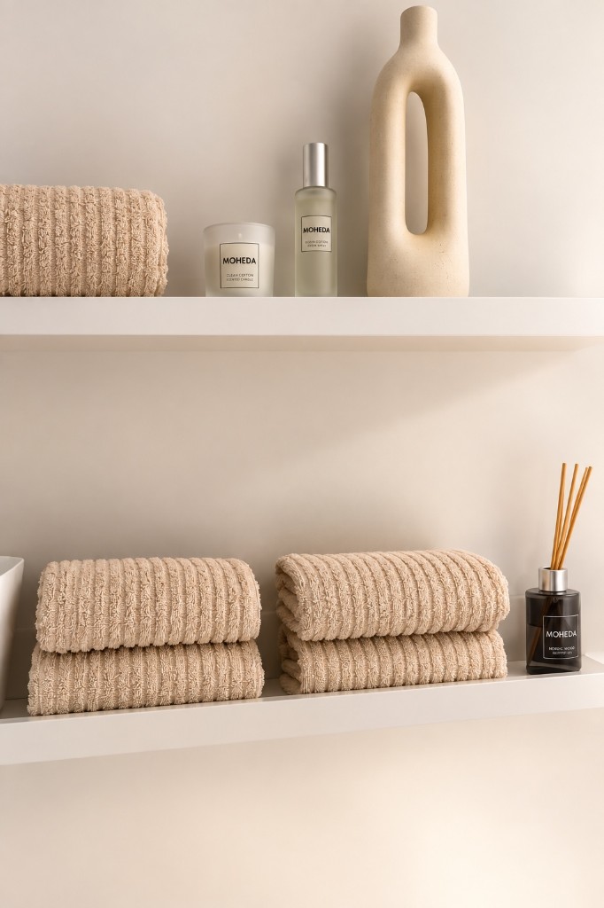 Hyllor med handdukar och produkter i behandlingsrummet